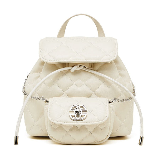 Chic Diamond-Quilted Genuine Leather Mini Backpack with Detachable Pouch