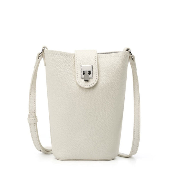 Women's Genuine Leather Vertical Drawstring Bucket Phone Bag