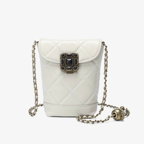 Stylish Women's Genuine Leather Quilted Mini Bag with Gold Ball Chain