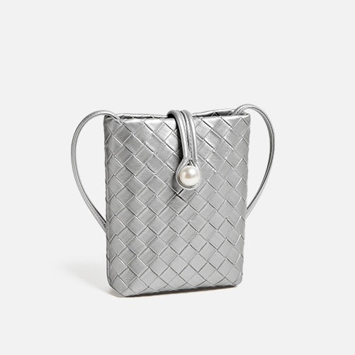Pearl Button Women's Genuine Leather Woven Crossbody Phone Bag